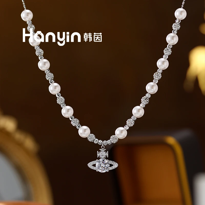 铜合金仿珍珠项链 7mm韩国进口珠珠搭配满天星绣球土星项链AAA