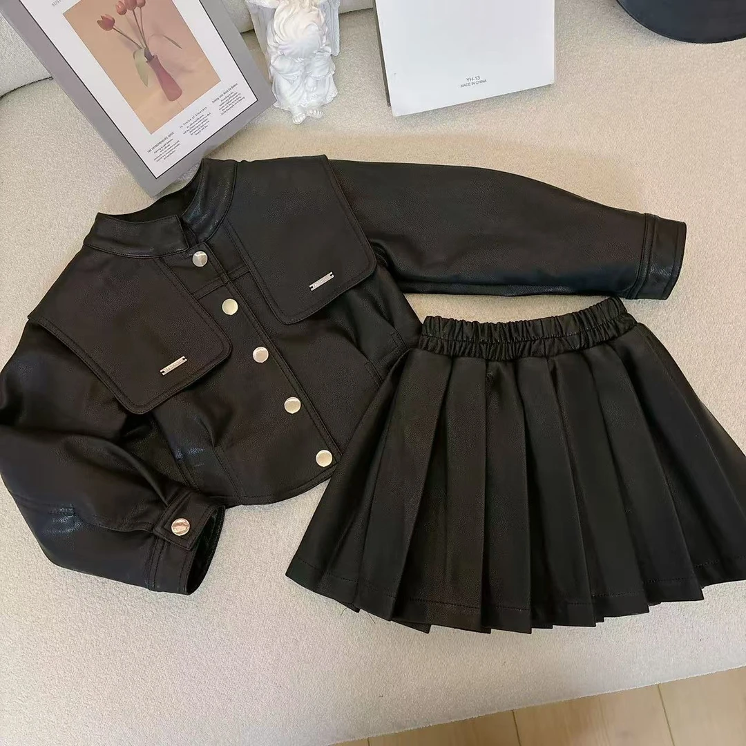 女童2025秋季小女孩韩版时髦机车服儿童皮衣外套百褶裙两件套