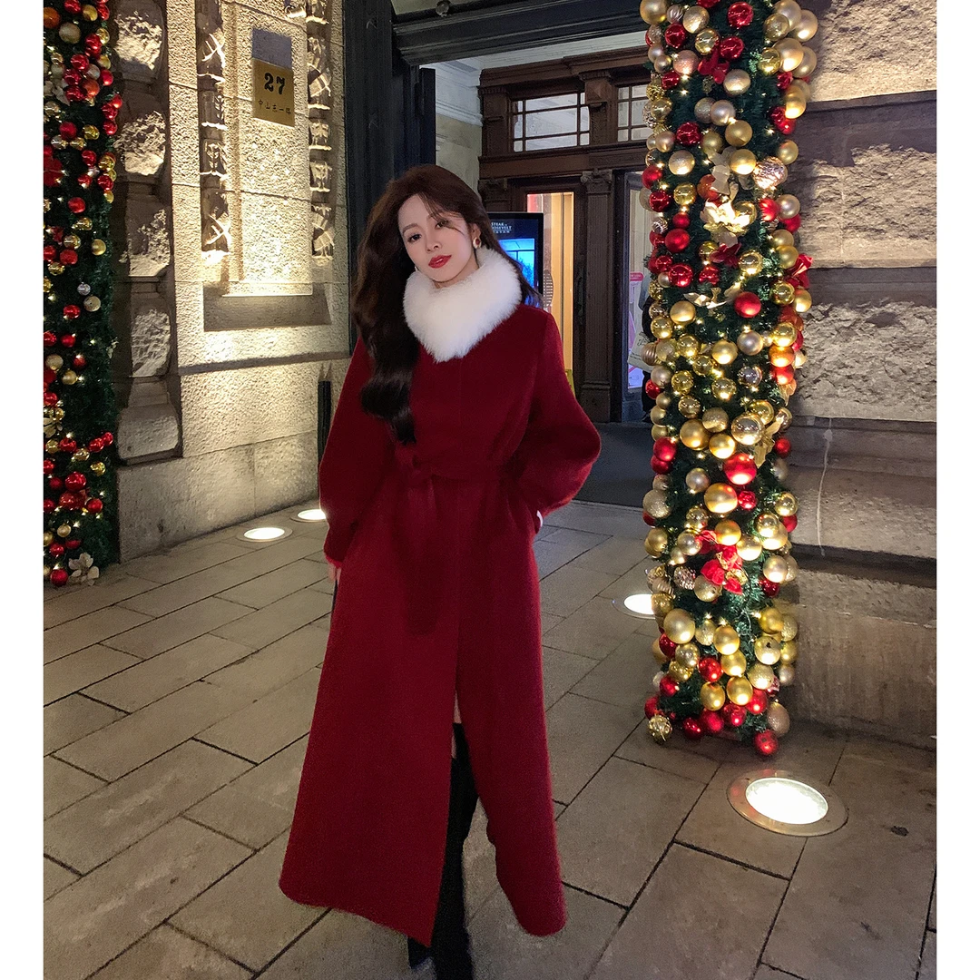 果果家 毛呢外套秋冬西西里红色长款大衣外套2025女狐狸毛领