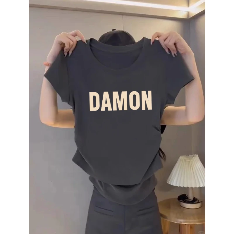 不规则褶皱圆领短袖t恤女夏季设计感修身短款小个子正肩体恤上衣