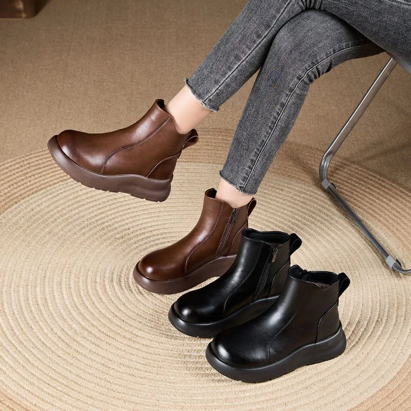 711厚底真皮休闲短靴女24年秋冬新款复古时尚百搭马丁靴切尔西靴