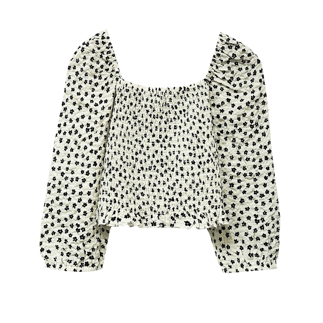 夏季新品！女士法式设计方领碎花中袖小衫F322