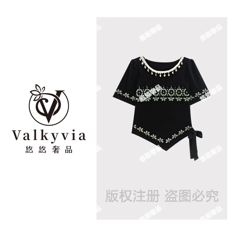 【Valkyvia/悠悠奢品】重工烫钻百搭显瘦短袖T恤T6296