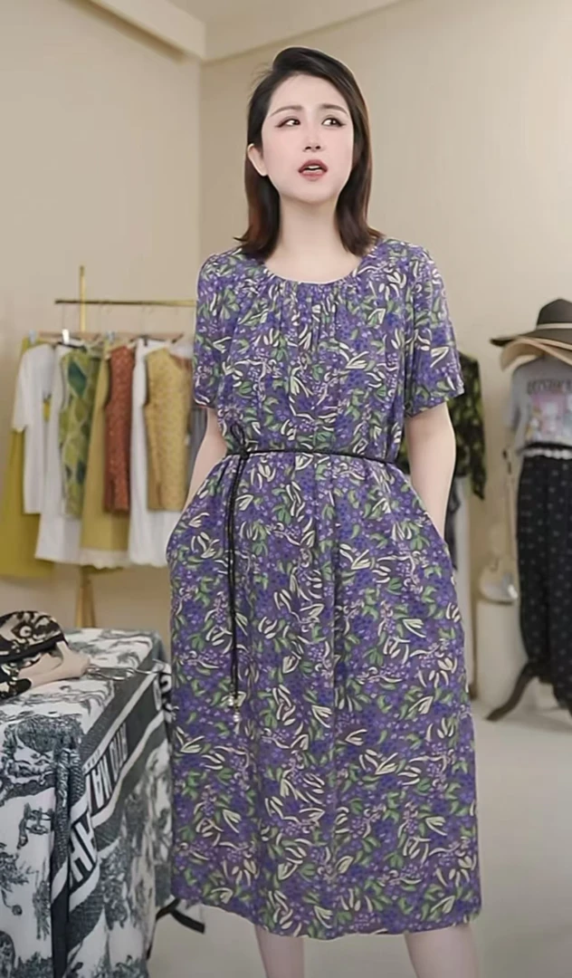 2025新款25028高端大气显瘦圆领印花设计连衣裙