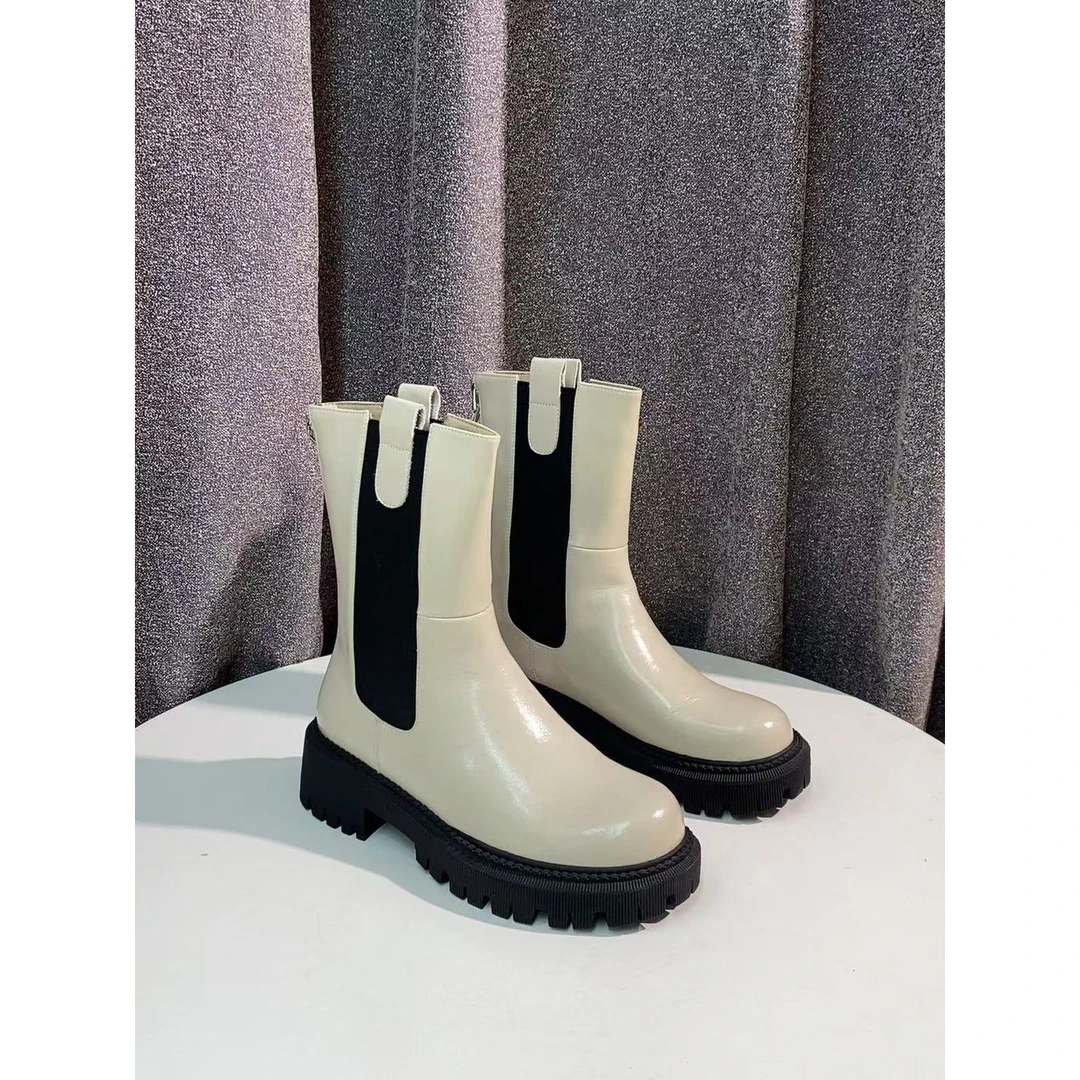 C1911 米色   时尚粗跟圆头中筒靴 烟筒靴