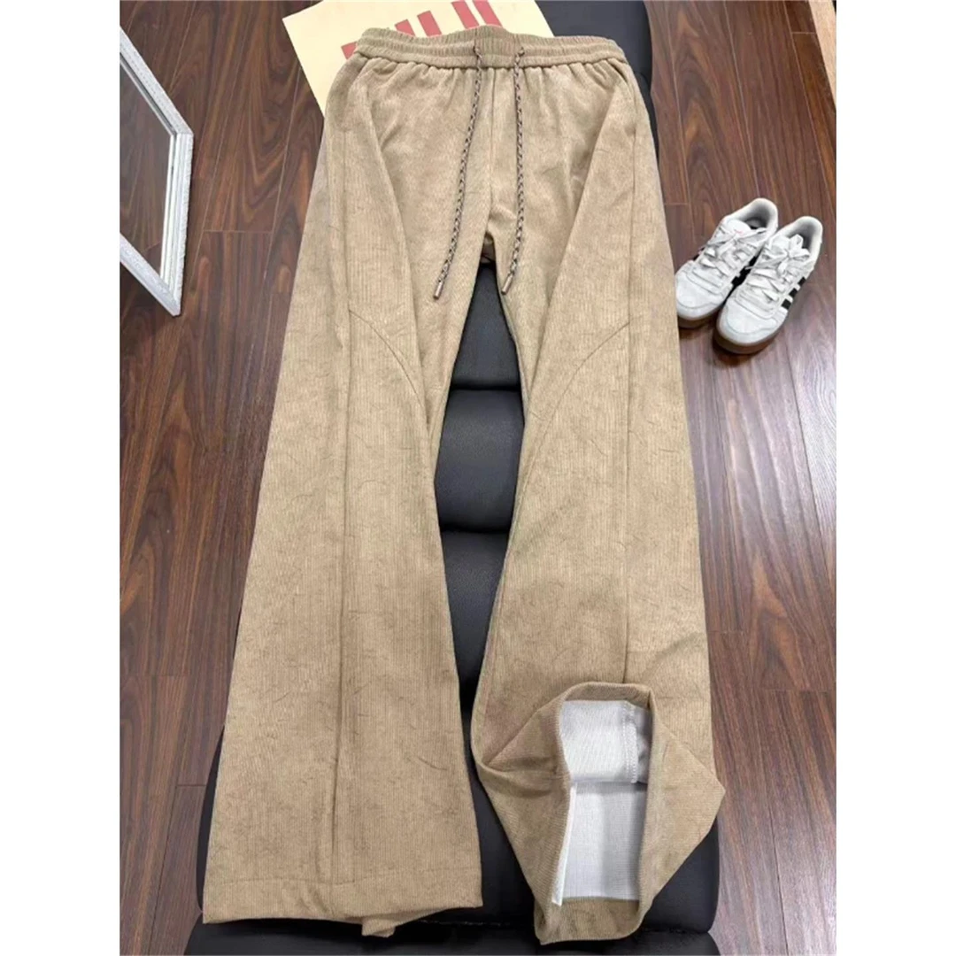 琥珀琉璃风卡其色暗纹斜切卫裤男女款美式直筒休闲裤子宽松运动裤