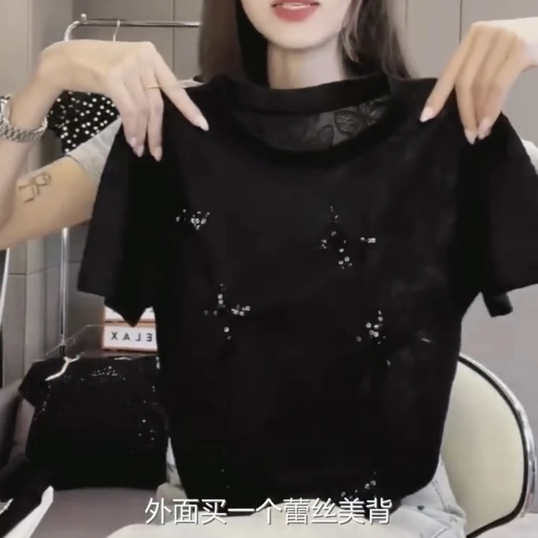 提花微透蕾丝设计圆领短袖亮片黑色宽松失序混搭风T恤1190