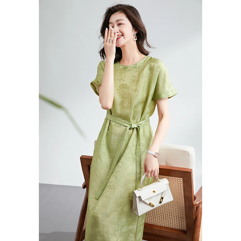 重工提花桑蚕丝碎花连衣裙女2025夏季法式高级感系带收腰真丝长裙