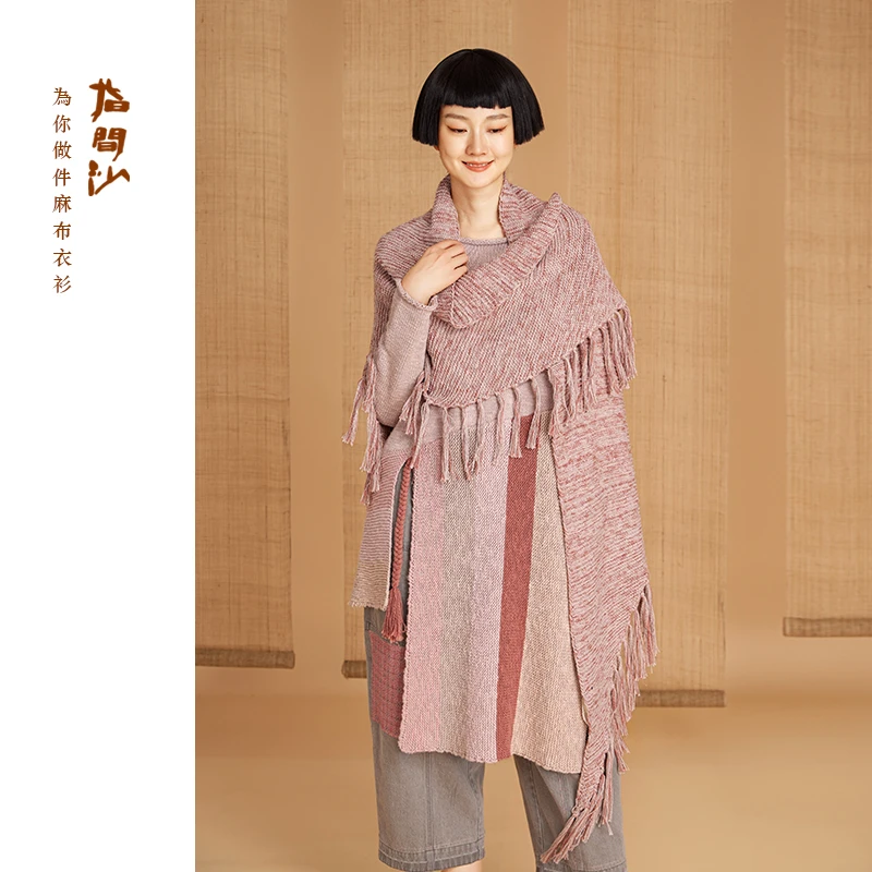2546261指间沙原创女装冬季[常美]棉质大三角型针织披肩流苏文艺