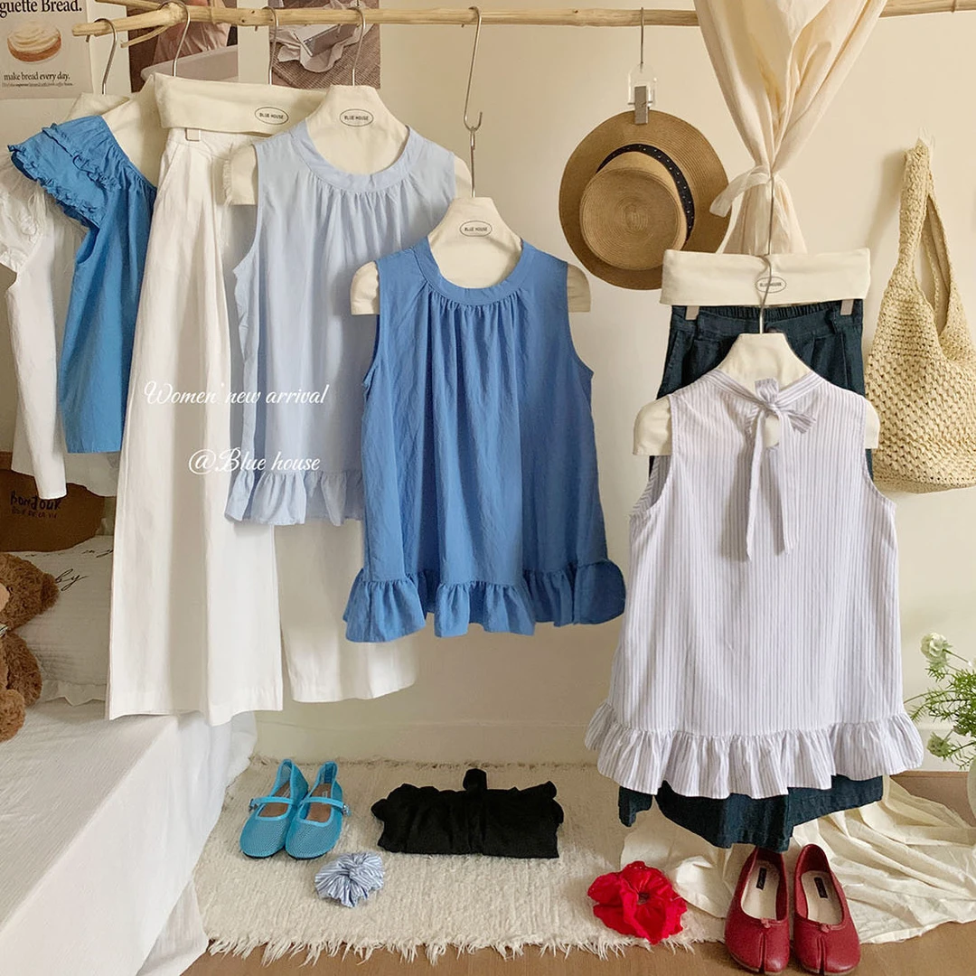 韩系立领蝴蝶结绑带无袖条纹衬衫女夏气质裙摆式下摆宽松娃娃小衫