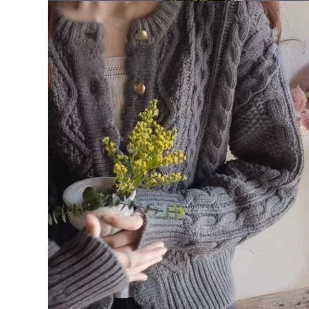 立体花纹单排扣针织开衫毛衣外套8893