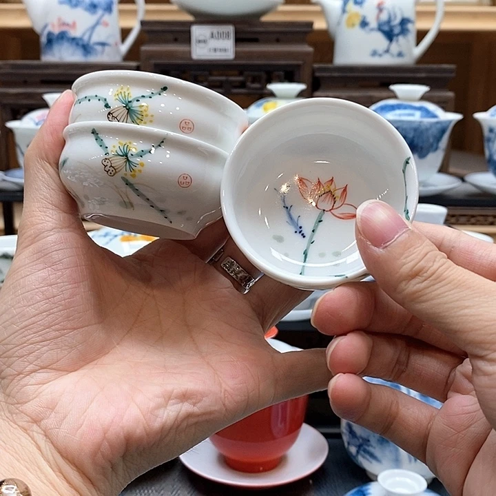 手绘3个装五色彩莲60cc釉下彩微瑕福利款