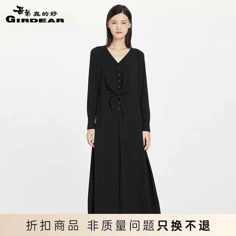 哥弟真的好女装复古V领长袖高腰长款过膝连衣裙8500081