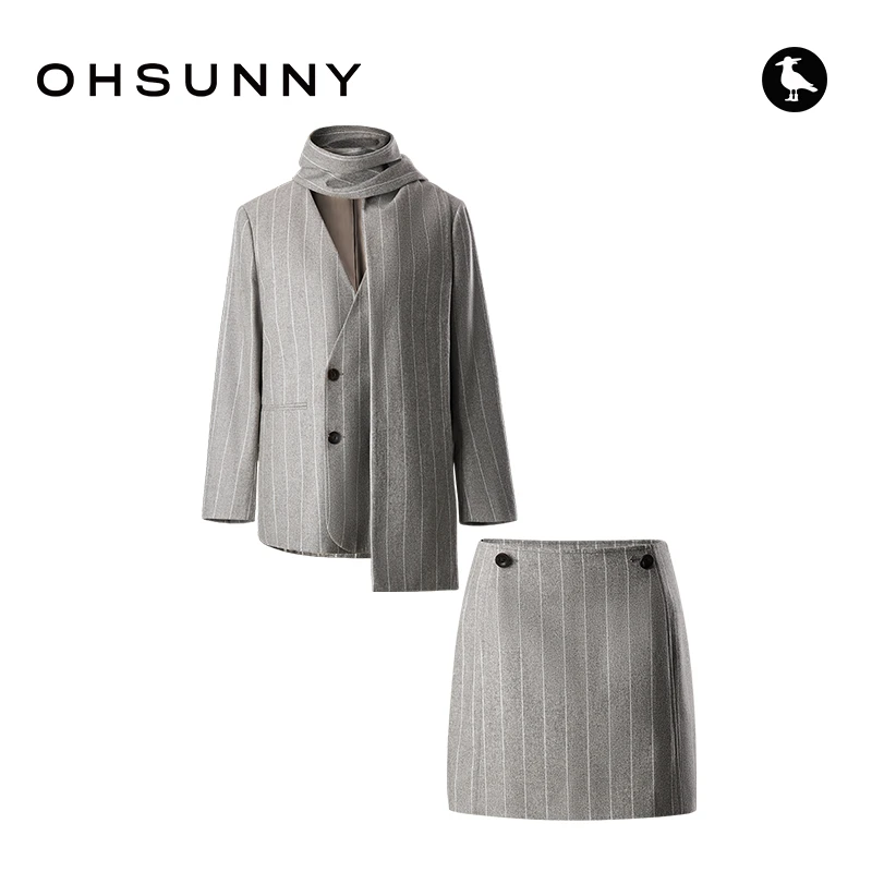 ohsunny竖条纹西装套装女秋冬复古通勤气质两件套显瘦小香风裙装