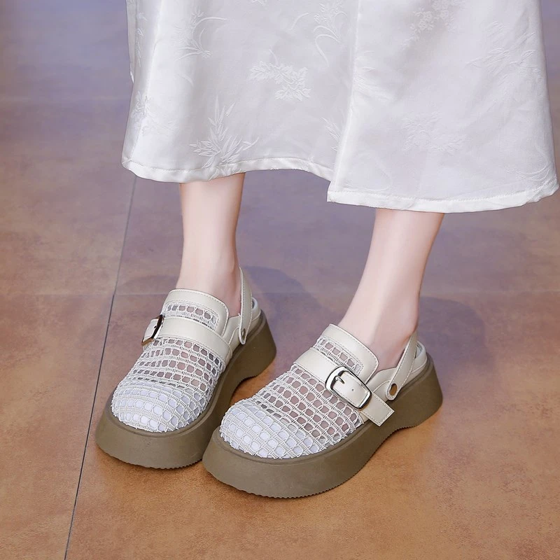龙华包头女时装凉鞋复古真皮女士两用凉鞋厚底夏季凉鞋国风