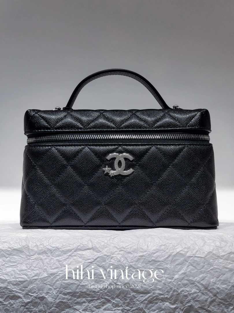 未使用 Chanel/香奈儿  黑银双C五角星荔枝纹手柄盒子包 二店
