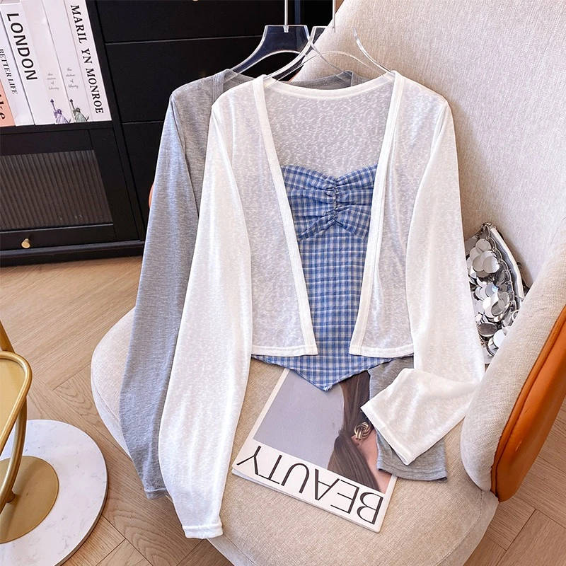 韩系不规则下摆短款格子吊带＋纯色薄款开衫2025夏季新款两件套女