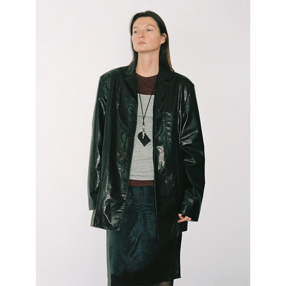 RandomPiece25春新品 经典宽松H廓形头层牛皮外套翻驳领V领皮衣