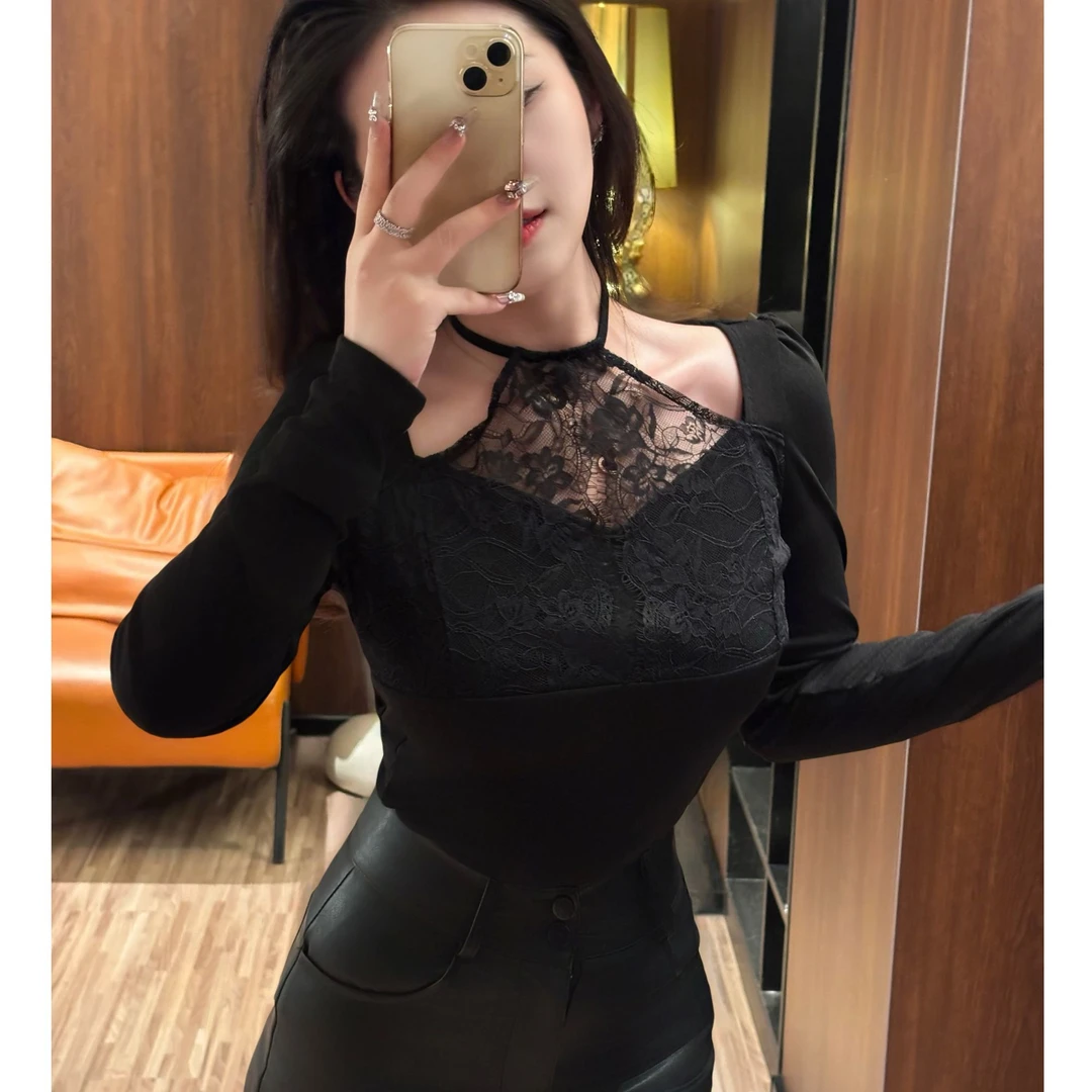 751 黑色性感御姐风修身蕾丝边打底衫时尚春季镂空内搭长袖 上衣