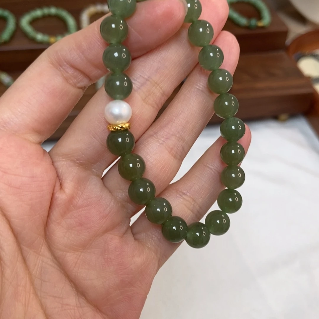 和田玉银S925镶嵌手链福利8mm湖水绿
