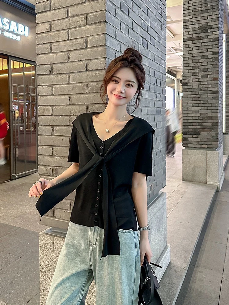 短袖见外包装薄款常规款毛针织衫不规则黑色机能风