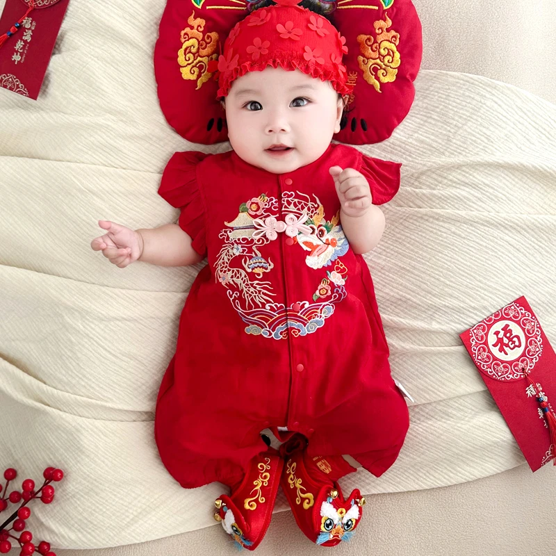 凤舞九天女宝连体衣婴儿夏季哈衣宝宝满月百天周岁服抓周服薄6292