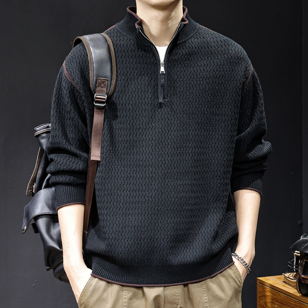 U&PURA波浪纹撞色针织半高领毛衣男士2025秋冬新款大码休闲衣服