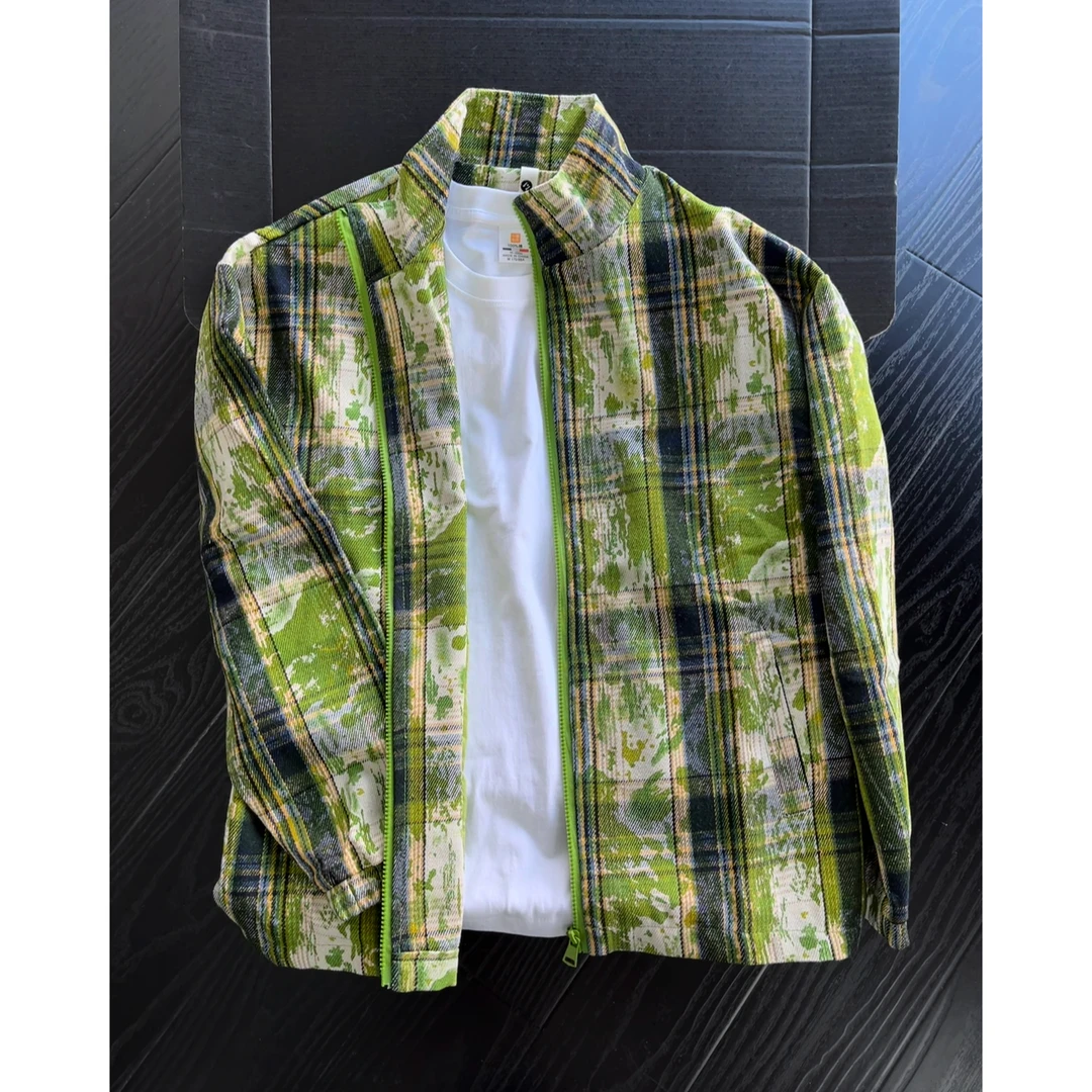 美式扎染绿色格子夹克男女生春秋季cleanfit小众设计感情侣外套