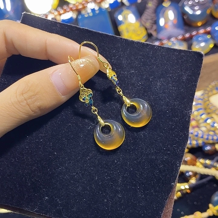 琥珀银S925镶嵌珠宝奇石棕红耳环