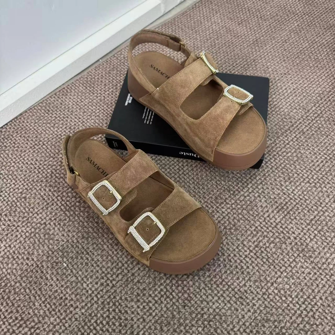 萨玛驰复古休闲磨砂时尚休闲沙滩鞋鞋子软底胶粘鞋露趾时尚真皮