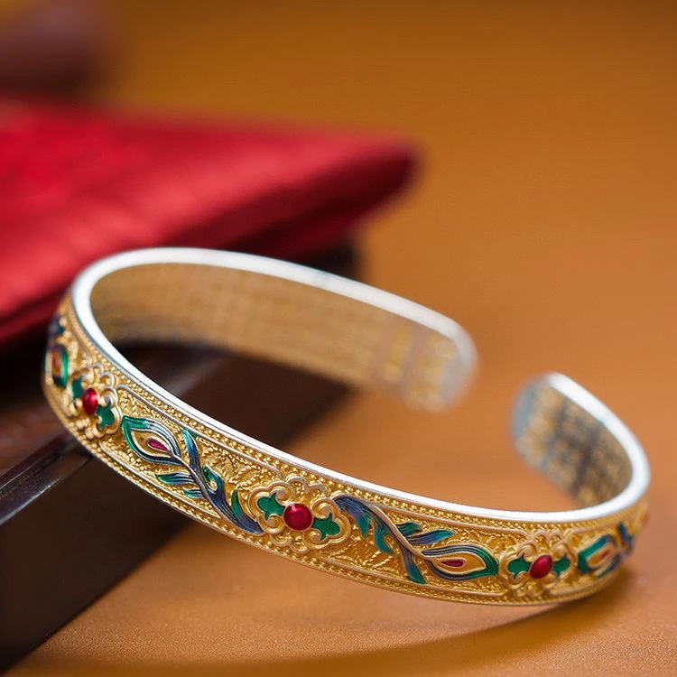 足银手镯 999.9足银28g珐琅凤羽翔描金国风心经纯银开口手镯子