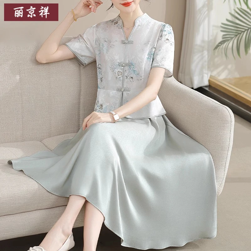 母亲节衣服品牌中长款连衣裙新款中老年妈妈夏装假两件中式裙子女