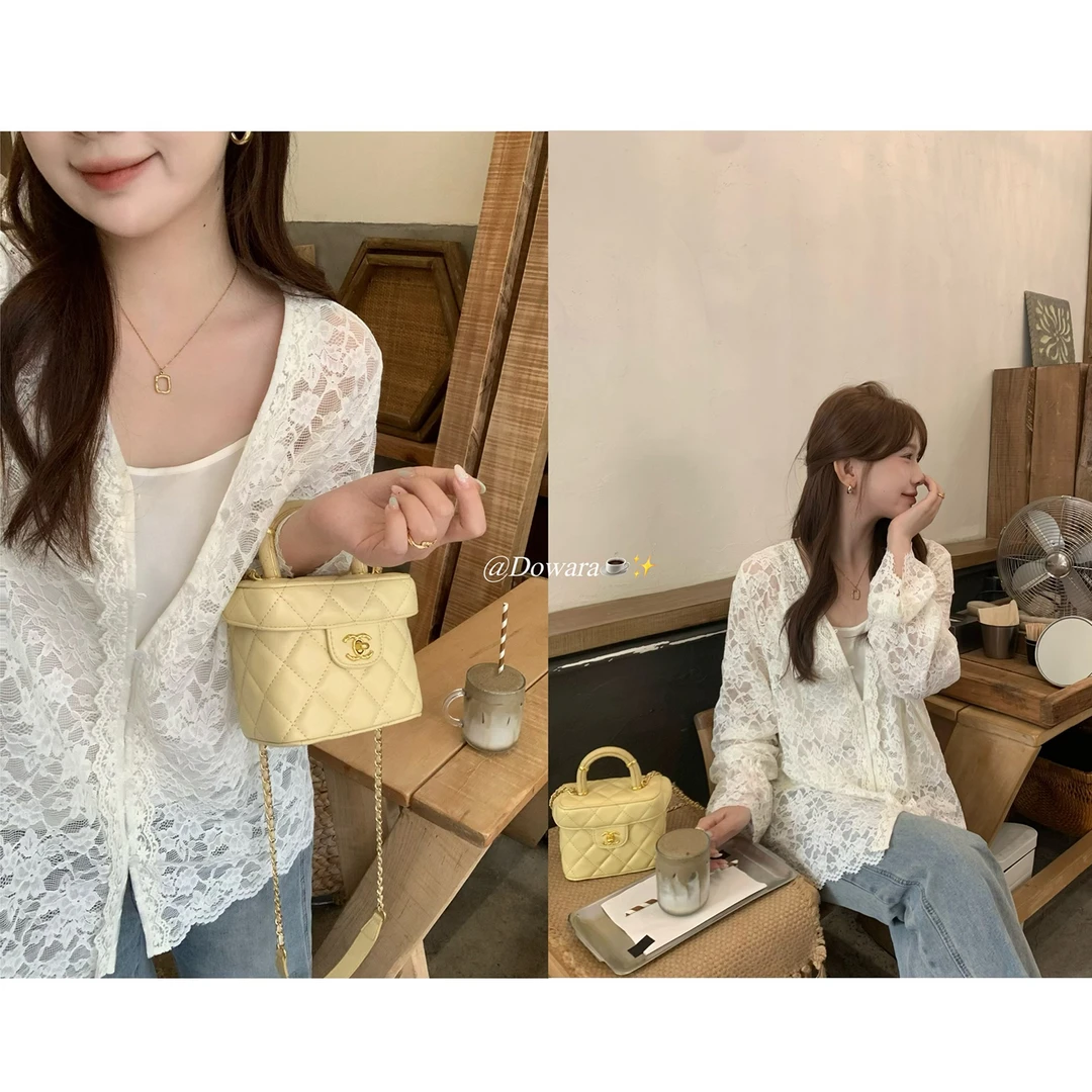 现货大婉酱微胖定制法式V领镂空蕾丝两件套春季宽松长袖上衣6850D