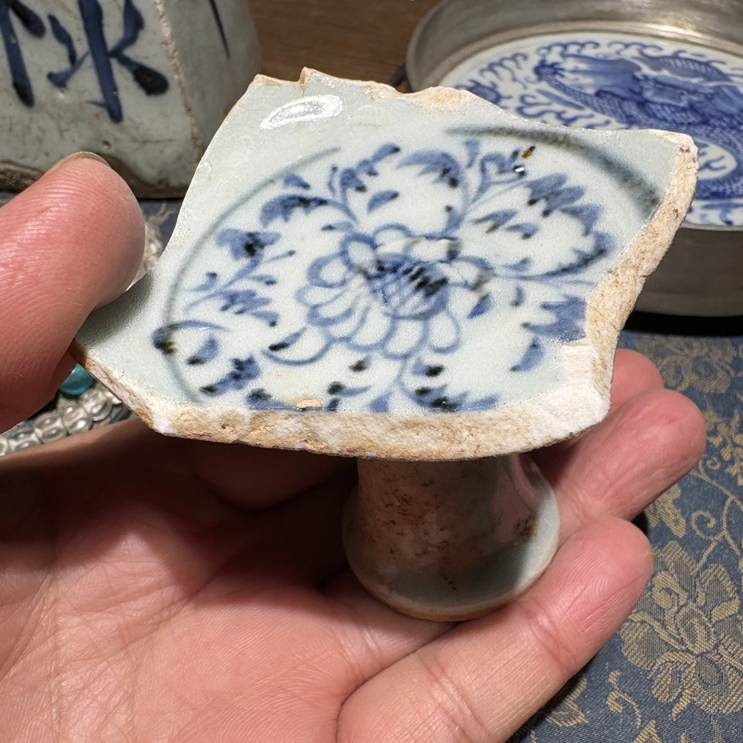 Y青花折枝菊花纹高足杯瓷片标本学习收藏顺丰包邮全手工制作