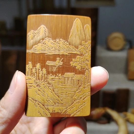 我***滚竹竹雕山水牌子手把件