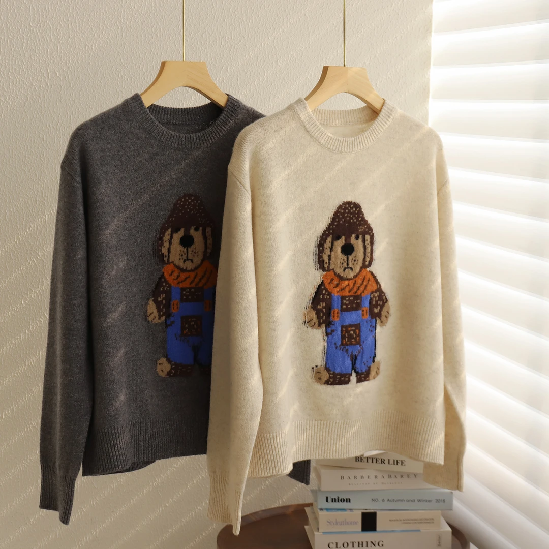 蓬松全羊毛可爱风卡通小狗圆领毛衣女秋冬宽松减龄针织衫内搭上衣