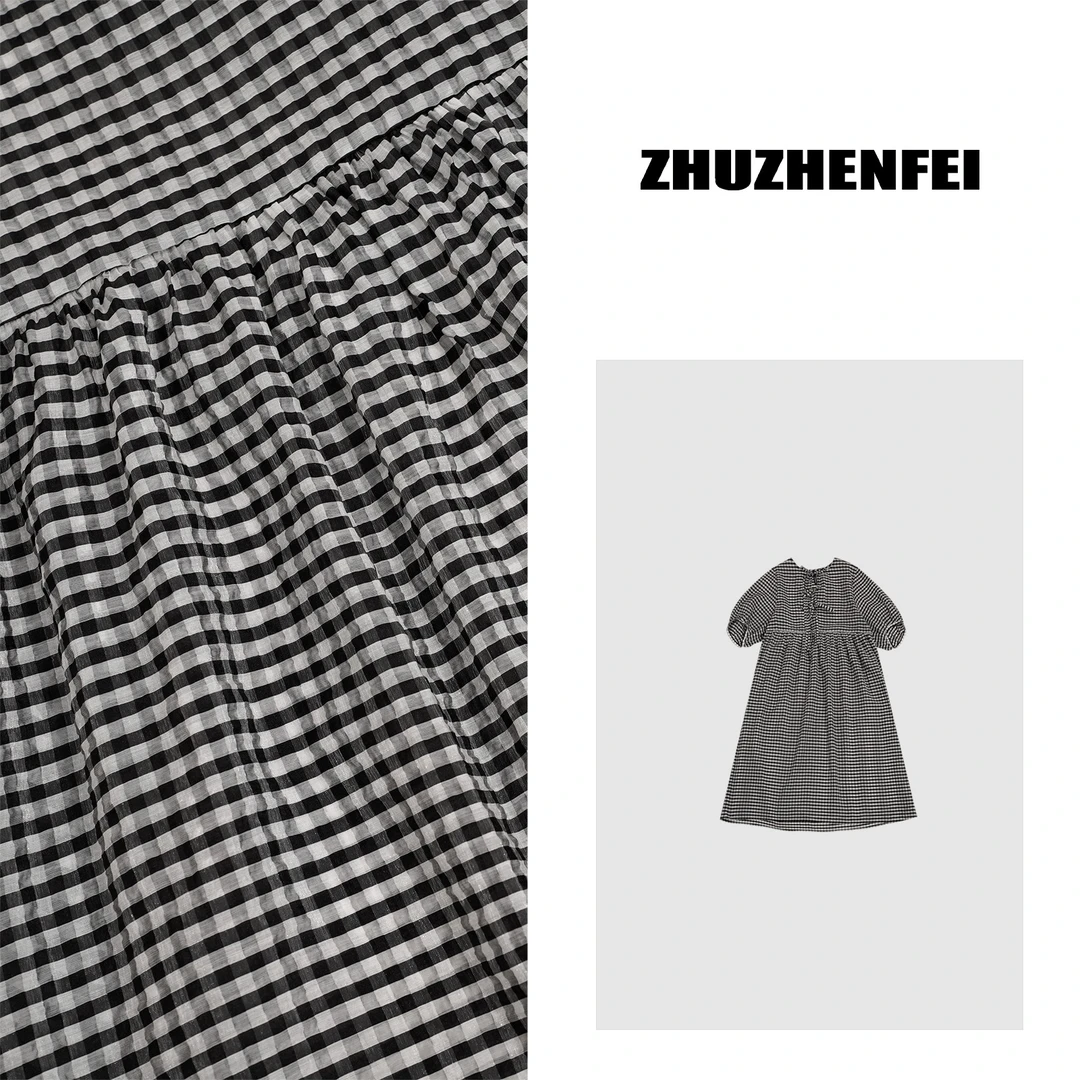 ZHUZHENFEI tian丝格子收身泡泡袖减龄短袖连衣裙Z352441