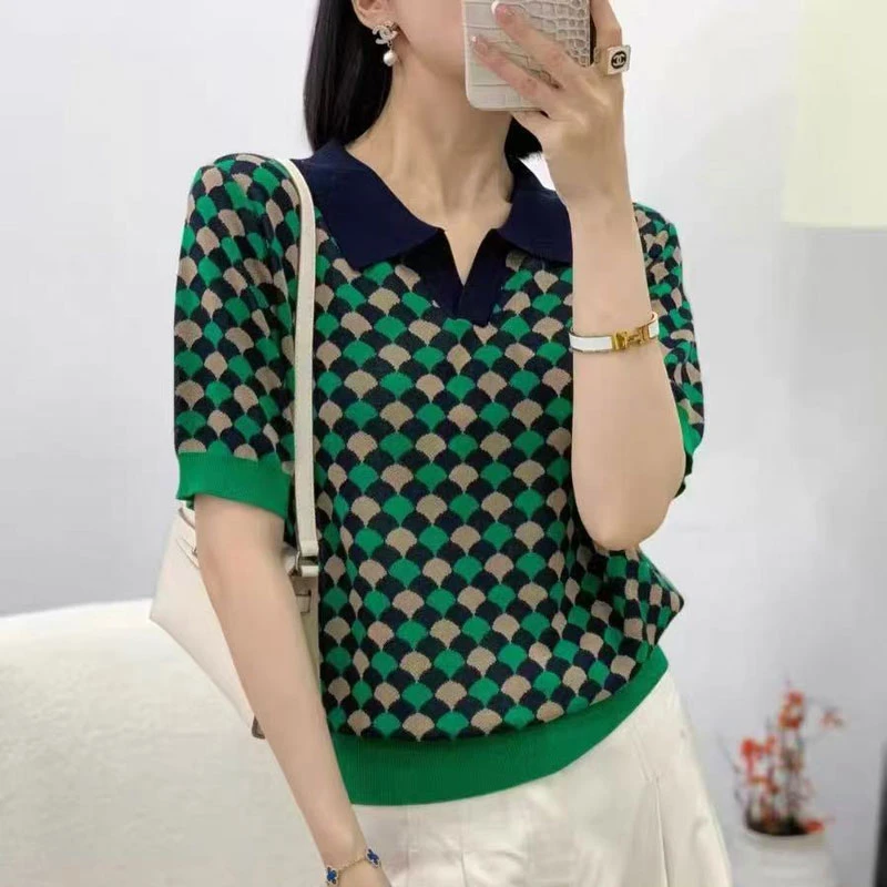 【100%莱赛尔】夏季气质时尚翻领鱼鲮片提花百搭针织衫T恤女短袖