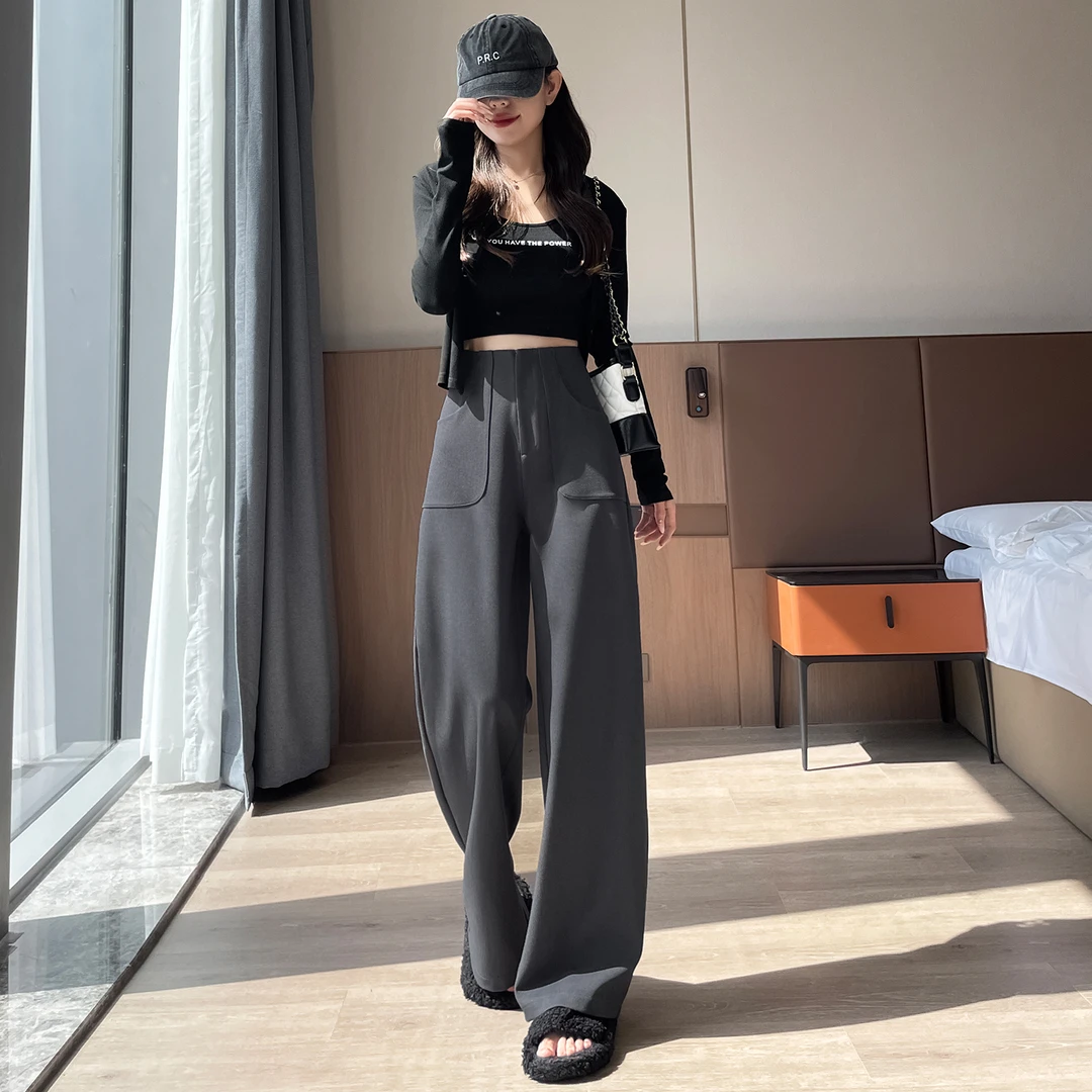 小个子高级感西装裤女2025早秋高腰垂感阔腿裤150显高窄版直筒裤