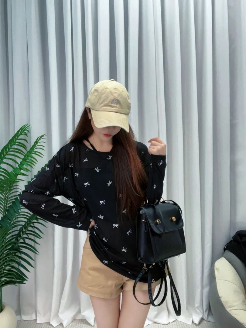 长袖蝴蝶结修身型防晒夏季短款印花T恤黑色网红防紫外线显瘦宽松