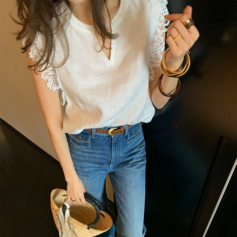 【ALONE SAVOR】冷萃茉莉 纯色V领勾花镂空轻熟风衬衫P091