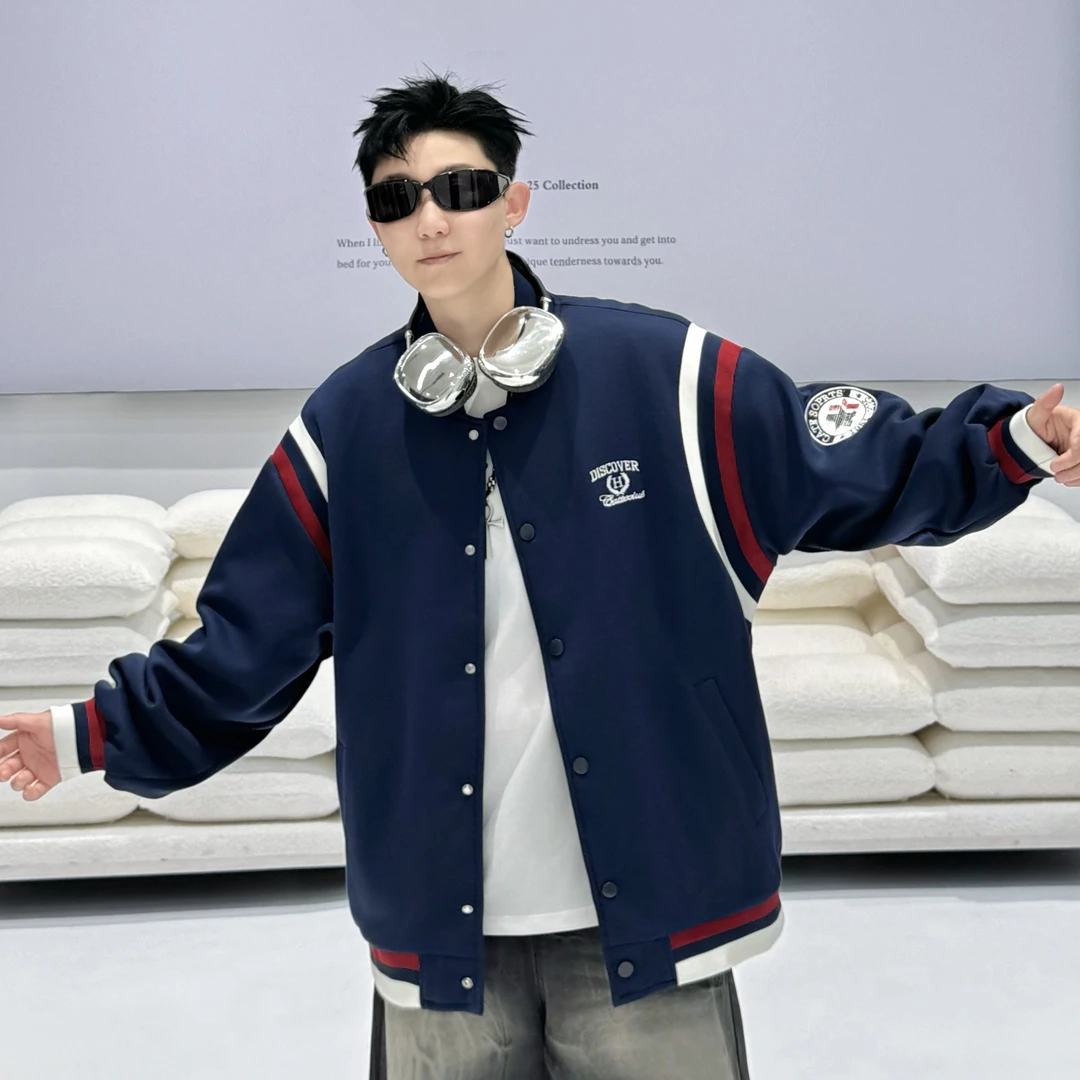 青少年秋冬奥粒绒棉服夹克男潮牌撞色罗纹针织绣花棒球服外套