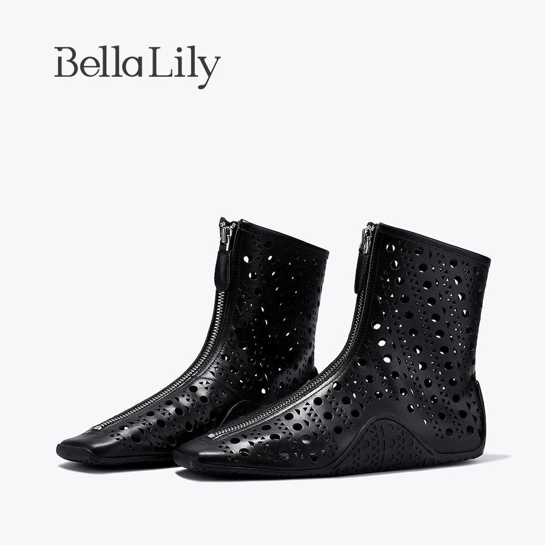 BellaLily2025夏季新款法式方头中筒靴女平底凉靴时髦感气质裸靴