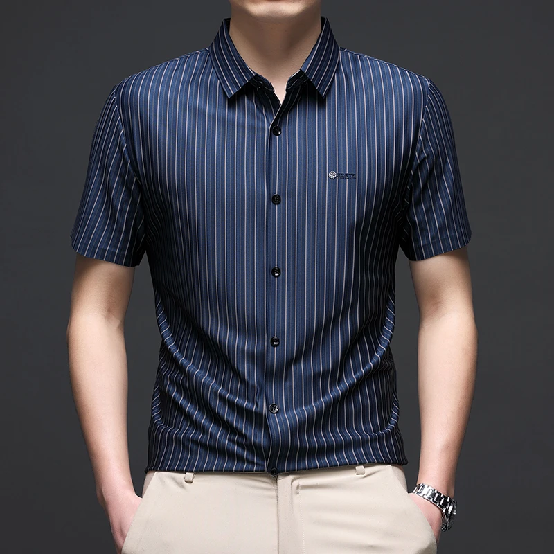 【赠送运费险】高档冰丝条纹短袖衬衫男士丝滑修身弹力无痕免烫衬衣