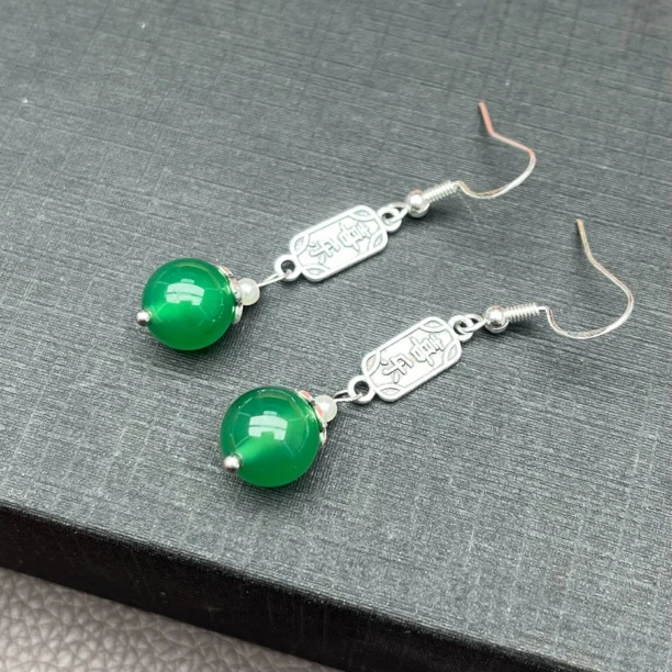 322 国风简约喜乐平安绿色单珠耳饰