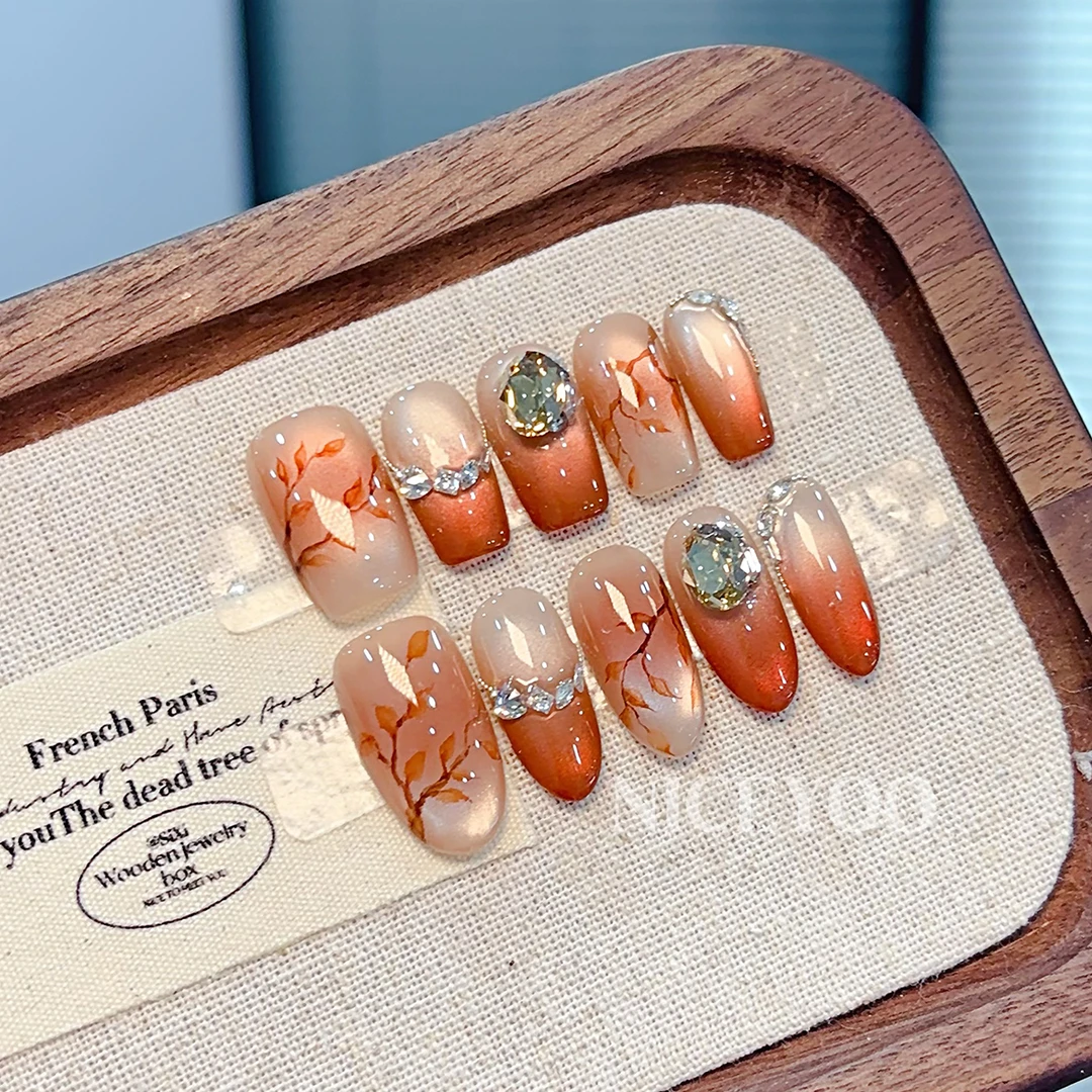 【叶落风起时】施家华子水彩手绘秋冬款穿戴甲可拆卸成品美甲贴片