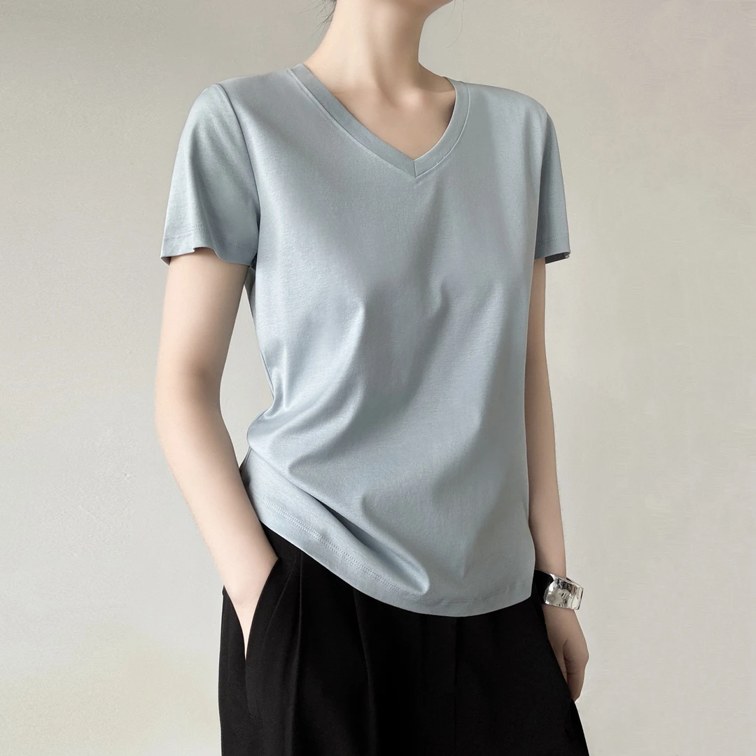 100%纯棉双面丝光棉V短袖T恤女80支高密凉感外穿鸡心领打底上衣