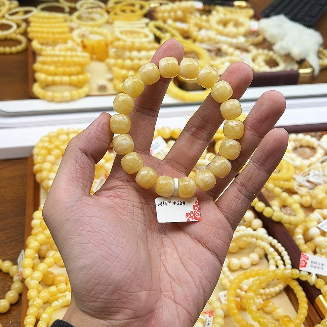 蜜蜡未镶嵌手链同料白花虎皮12mm