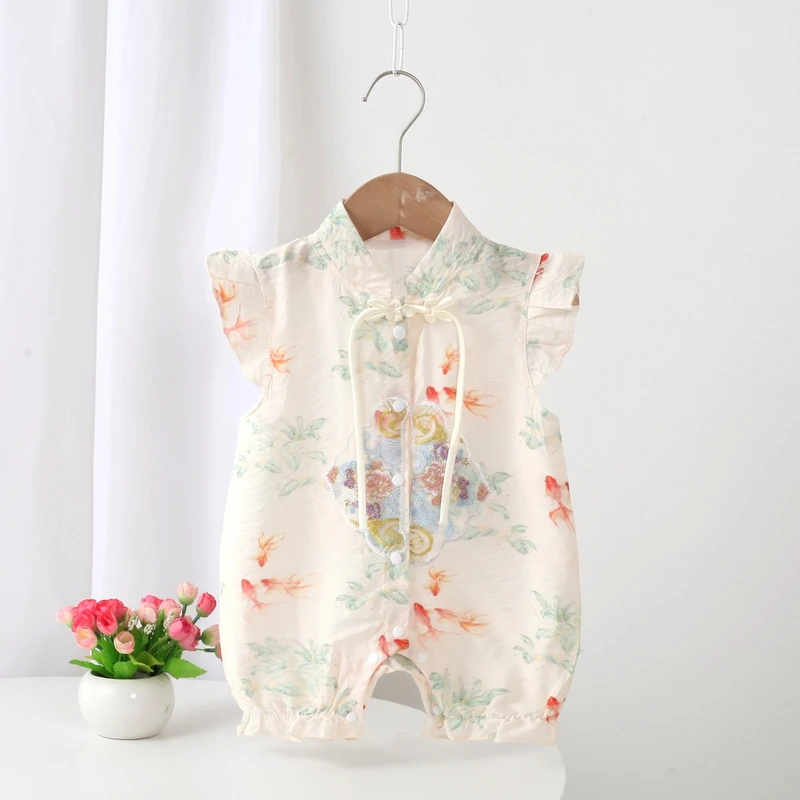 2025新生儿夏季公主中国风满月百天男女宝宝新中式连体衣短爬哈衣