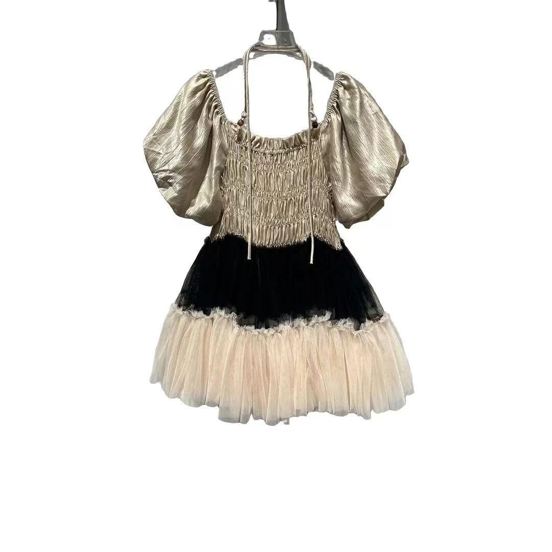 2943【高定系列】设计师新款拼接纱纱短袖女装连衣裙